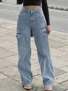 Women's Casual All-Match Mid-Rise Straight Leg Cargo Jeans - Medium Wash - View 3