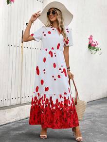 Breezaya 女裝浪漫渡假花瓣印花夏季短袖連衣裙 - 紅白色 - 查看 4