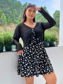 Solflare Women's Plus Size Summer Floral Print Dress With Sheer Cardigan, 2pcs Set - Black - View 4