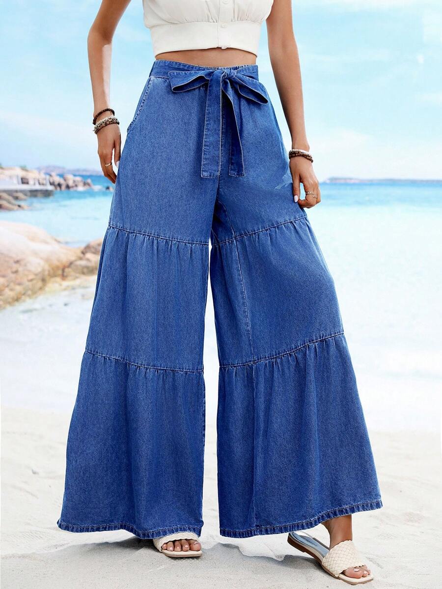 Breezaya Solid Color High Waist Jeans With Pockets, Ruffle Hem And ...