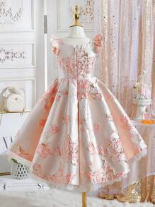 Robe élégante en jacquard à volants pour jeune fille, idéale pour la cérémonie de mariage, la fête d'anniversaire, l'hôtesse - Rose bonbon - Voir 2