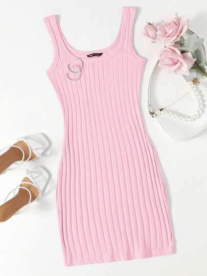 SHEIN Essnce Ladies' Fashionable Jianyun Solid Color Vertical Ribbed Tank Dress,Pastel Dresses For Women