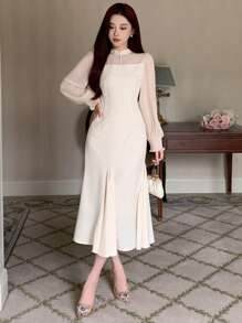 DAZY Robe longue à manches longues en patchwork pour femmes, robe de bal d'anniversaire, volants, robe d'automne maxi - Beige - Voir 6