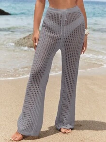 SHEIN Swim Holiday Pool Solid Hollow Knitted Cover Up Pants,Summer Beach - Dusty Purple - View 6