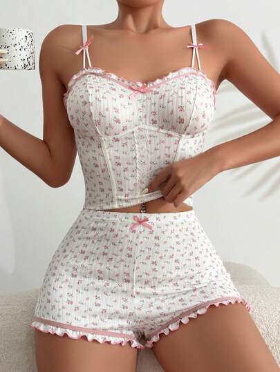 ZzzCrew Ensemble pyjama top camionette avec nœud et short à imprimé floral Ditsy / Ensemble pyjama blanc