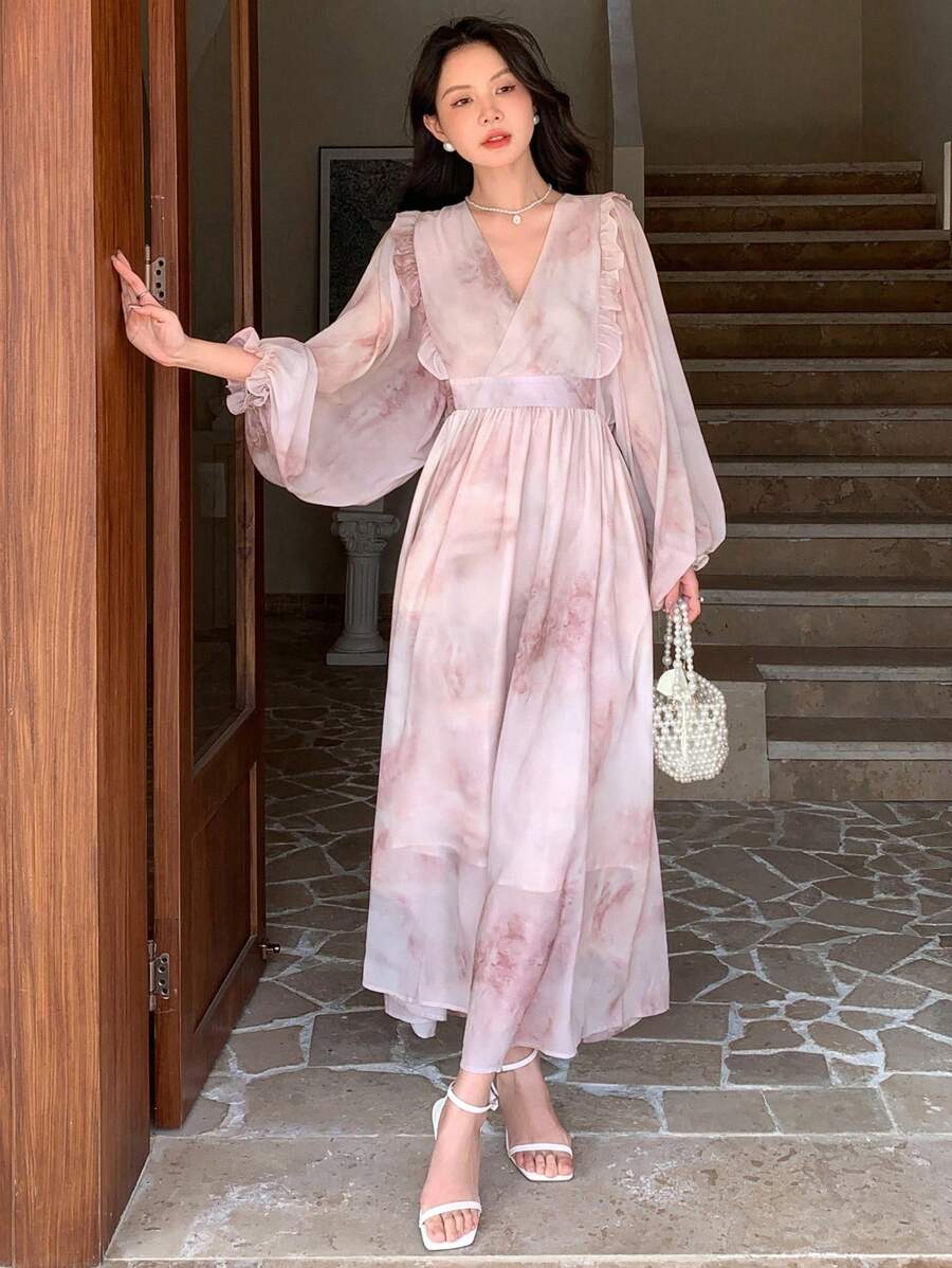 DAZY Elegant Floral Printed Lantern Sleeve Long Dress With Waistband For Spring/Summer - Multicolor - View 1