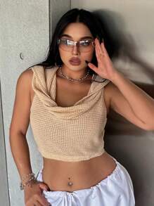 Sweetra Plus Size Women Summer Solid Color Waffle Grid Hooded Casual Tank Top - Yellow - View 7