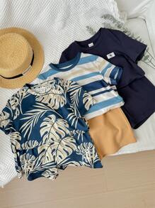6pcs Young Boy Casual Striped & Leaf Print Short Sleeve T-Shirt With Elastic Waist Shorts, Holiday Outfits