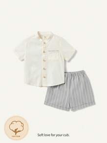 Cozy Pixies Baby Boy Solid Color Short Sleeve Polo Shirt With Stand Collar And Plaid Casual Shorts 2pcs Outfit Set - Grey - View 3