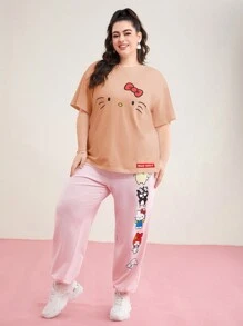 HELLO KITTY AND FRIENDS | SHEIN 大码卡通图案落肩休闲夏季 T 恤 - 粉色 - 查看 5