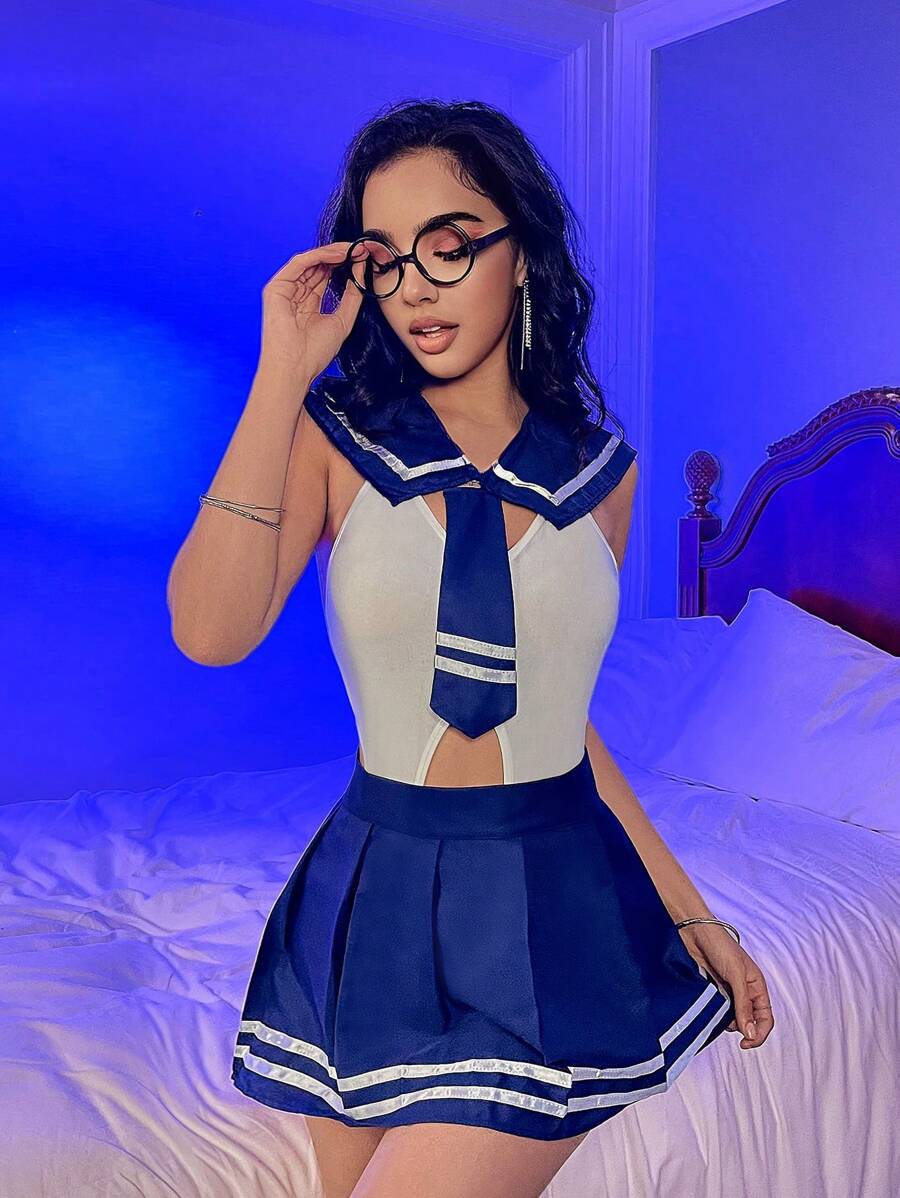 Striped Trim Costume Lingerie Set - Blue and White - View 1