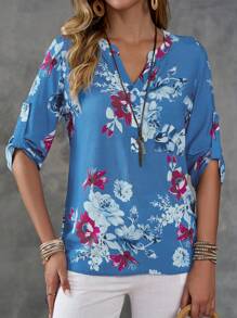 EMERY ROSE Blau bedrucktes Shirt mit Tasche im ländlichen Stil für Frauen im Urlaub - Verschiedenfarbig - Übersicht 1