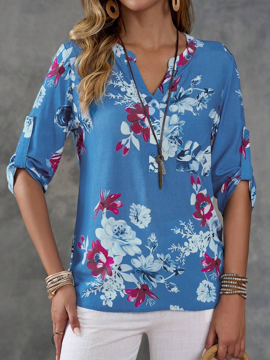 EMERY ROSE Blau bedrucktes Shirt mit Tasche im ländlichen Stil für Frauen im Urlaub - Verschiedenfarbig - Übersicht 1