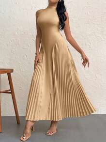 Firerie Vestido elegante de línea A ajustado y plisado para mujer - Caqui - Ver 4