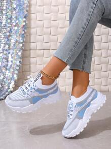 秋冬女士时尚四季渐变色运动鞋，厚底系带休闲运动鞋，百搭白色运动鞋，网眼透气鞋面，防滑舒适，适合健身房、户外跑步和体育活动 - 藍色 - 查看 3