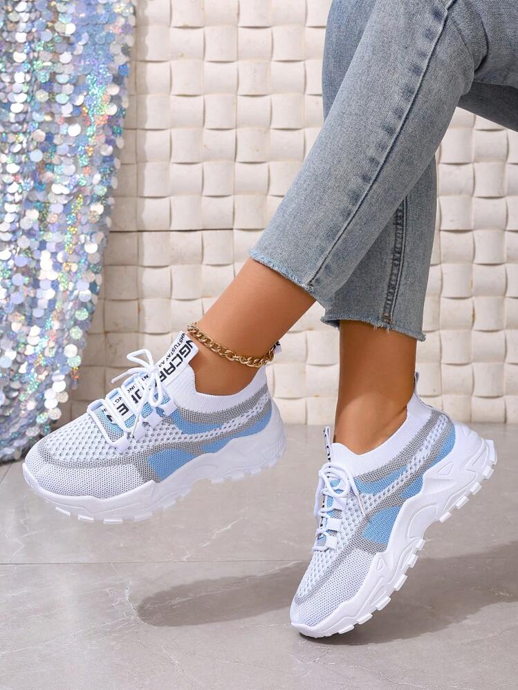 秋冬女士时尚四季渐变色运动鞋，厚底系带休闲运动鞋，百搭白色运动鞋，网眼透气鞋面，防滑舒适，适合健身房、户外跑步和体育活动 - 藍色 - 查看 2