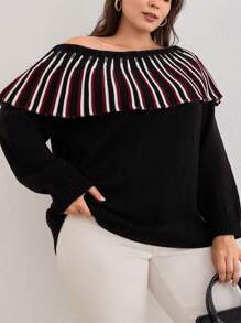 SHEIN Cottnline Plus Sıze Off Shoulder Jaquard Sweater - Multicolor - View 4
