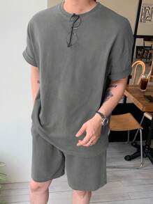 DAZY Men's Summer Solid Color Crew Neck Short Sleeve T-Shirt And Drawstring Waist Shorts Set