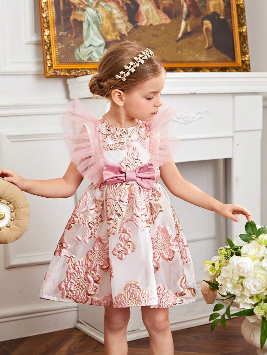 SHEIN Young Girl's Cute Mesh Joint Cap Sleeve Dress - Multicolor - View 1