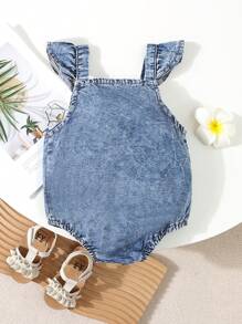 Baby Girl Casual Comfortable Embroidered Flower Denim Bodysuit With Butterfly Sleeves