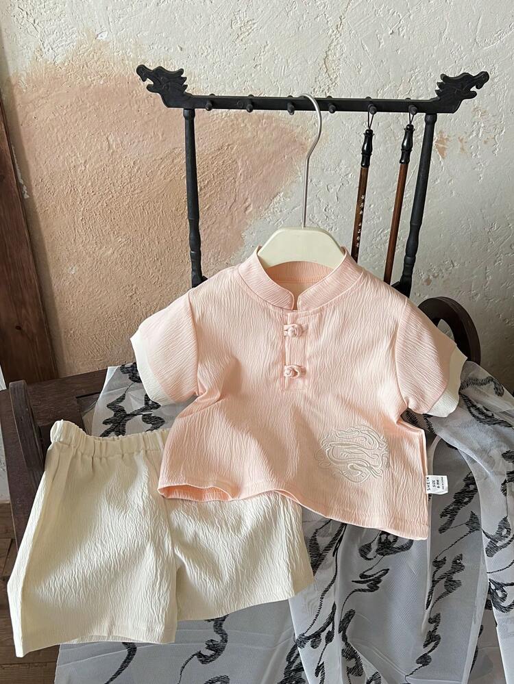 Baby Boys' Retro Embroidered Comfortable And Breathable Summer Fashion Two-Piece Set