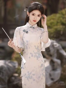 Robe cheongsam élégante et vintage à imprimé floral, col montant, à boutons, courte, pour l'été