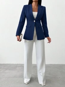 EURMUSE Solid Color Turn-Down Collar Single Breasted Blazers - Navy Blue - View 4
