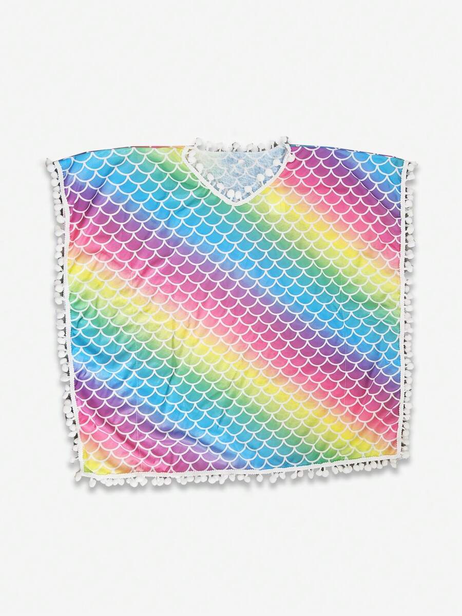 Vestido de cobertura casual impreso con diseño de sirena y ribetes de borlas para fiesta en la playa para niña joven