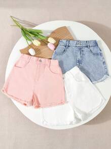 SHEIN Vintaside Kids 3pcs/Pack Tween Girl Casual Comfortable Simple Denim Shorts, School, Campus, College