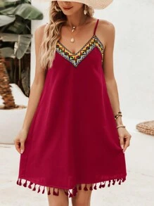 SHEIN VCAY Kỳ nghỉ Dây đeo hình học nối tua rua Hem Cami Váy nữ bãi biển mùa hè - Màu Đỏ Sâu - Xem 4