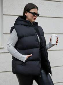 RueChic Plus Size Zip Up Hooded Puffer Vest Coat - Black - View 5
