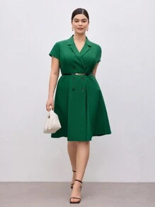 BizChic Plus Size Dames Zomer Effen Kleur Groen Pak Kraag Double-Breasted Kapmouw Elegante Business Casual Werkjurk