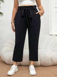 SHEIN Essnce Pantalones negros de lápiz con cinturón de lazo de talla grande para mujer, de moda y cómodos para ocasiones casuales y en el hogar - Negro - Ver 3