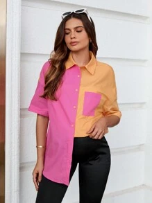 SHEIN Maternity Young Sporty Casual Long Shirt, Color Block, Loose Fit, With Collar, Placket, And Pockets