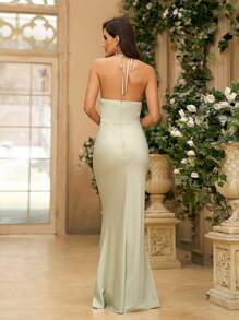 SHEIN Belle Elegant Women's Green Satin Halter Neck Pleated Backless Mermaid Bridesmaid Dress - Green - View 3