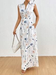 SHEIN Clasi 女士休闲无袖腰系带花卉印花飘逸秋千连衣裙，适合假期穿着 - 白色 - 查看 5