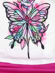 EMERY ROSE 女式夏季不对称领口蝴蝶印花短袖休闲 T 恤配侧系带图案 T 恤女式上衣