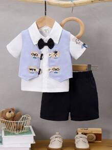 寶寶男嬰夏季三件套，英式紳士卡通小熊背心+蝴蝶印花熊裝衫+休閒時尚短褲套裝 - 彩色 - 查看 1