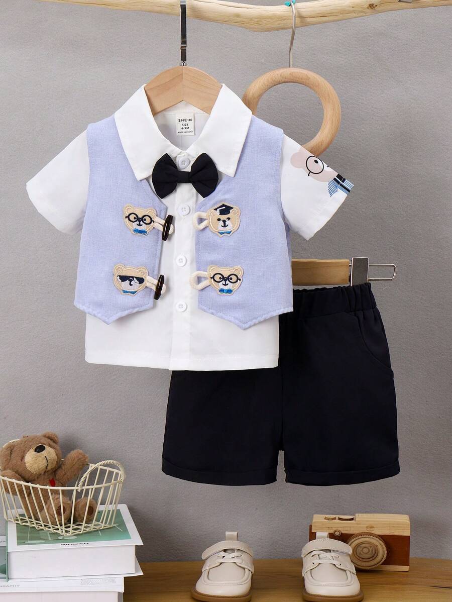 寶寶男嬰夏季三件套，英式紳士卡通小熊背心+蝴蝶印花熊裝衫+休閒時尚短褲套裝 - 彩色 - 查看 1