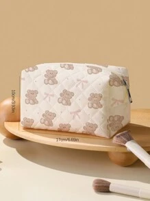 ROMWE Kawaii Túi đựng mỹ phẩm Flannel hình bát giác hình gấu và nơ - Hồng - Xem 3
