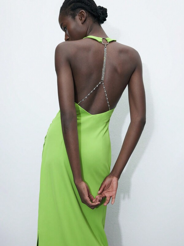 Maija Green Embellished Chain Detail Frill Side Slit Halter Midi Dress For Women, Summer
