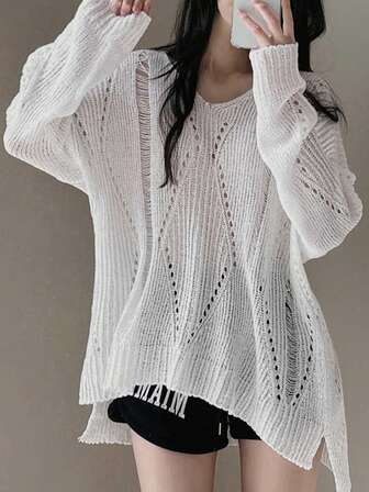 纯色落肩宽松针织镂空毛衣，简约时尚休闲日常穿搭