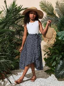 SHEIN Tween Girl casual lente/zomer gebreide mouwloze tanktop met vrolijke gebloemde rokset met ruches