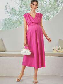 SHEIN Solid Color V-Neck Wrap Front Sleeveless Maternity Dress, Summer - Pink - View 1