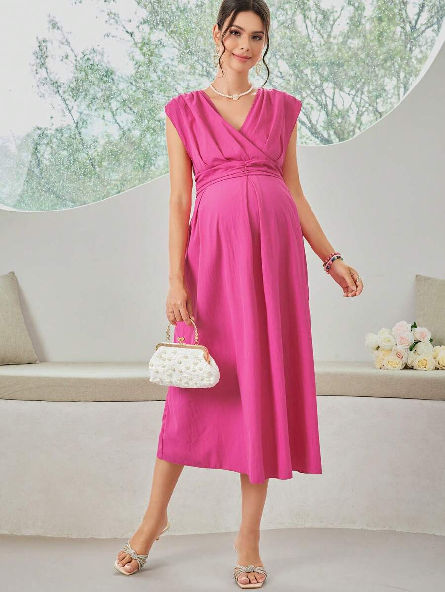 SHEIN Solid Color V-Neck Wrap Front Sleeveless Maternity Dress, Summer - Pink - View 1