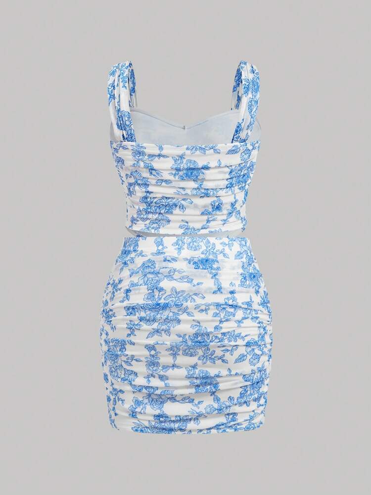 Plus Size Vintage Romantic Floral Pleated Crop Top And Skirt Set, Blue Summer Sets