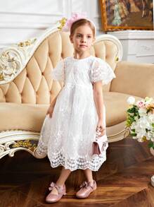 Young Girl 1pc Scallop Trim Embroidery Mesh Overlay Dress - White - View 3