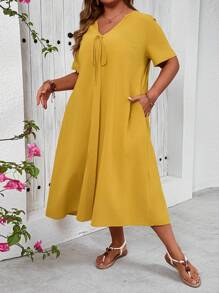 SHEIN VCAY Plus Size Holiday Leisure Yellow Cotton Dress With Pockets - Yellow - View 3