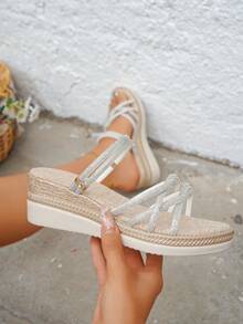 Phụ Nữ Thời Trang Thanh Lịch Mũi Tròn Ren Vải Lanh Dây Trơn Thoải Mái Bạc Nền Tảng Nêm Xăng Đan Cho Mùa Hè - Bạc - Xem 3