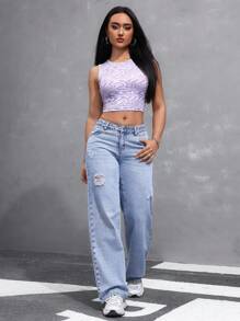 SHEIN EZwear Ladies' Plain And Simple Loose Fit Ripped Daily Jeans Summer Outdoor